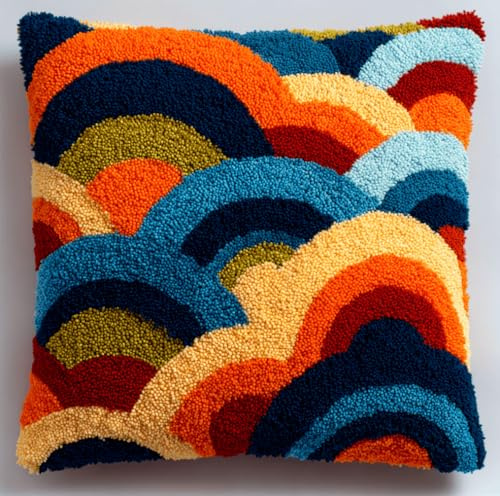 kitphoenix Coussin Au Crochet À Loquet Bricolage Éventail Rond Kit De Tapis De Crochet À Point,Création De Tapis À Crocher Pour Adultes Et Enfants,Modèle De Couleur Pré-Imprimé,43X43Cm