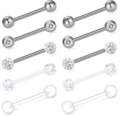 FECTAS 10er Zungen Piercings Set aus Edelstahl Bioflex Glitzer Zungenpiercing Barbell