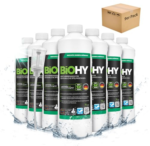 BiOHY Detergente para lavavajillas comercial (9 botellas de 1 litro) + Dosificador | Fórmula para disolver el las grasas | Apto para gastronomía, industria y hogares (Geschirrreiniger)