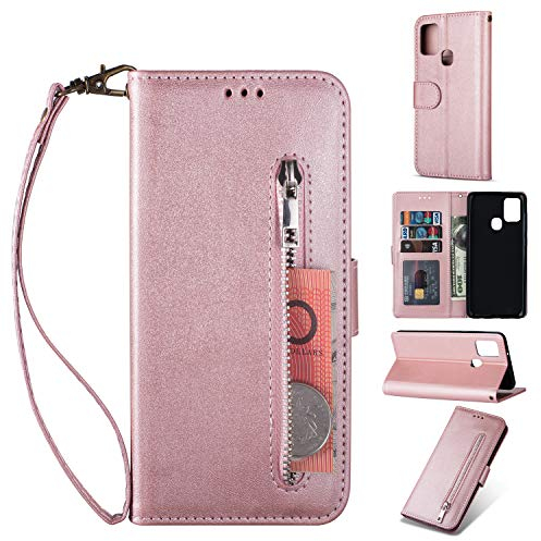 ZTOFERA Hülle für Samsung A21S, Süß Magnetisch Folio Flip Wallet Leder Standfunktion Reißverschluss schutzhülle mit Trageschlaufe, Brieftasche Hülle für Samsung Galaxy A21S - Roségold
