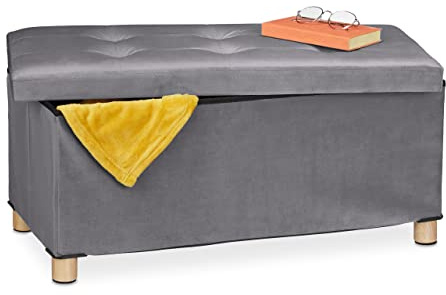Relaxdays Banco Almacenaje, Acolchado, Terciopelo, Patas Madera, hasta 120 kg, Plegable, 34 x 76 x 38 cm, Gris Oscuro