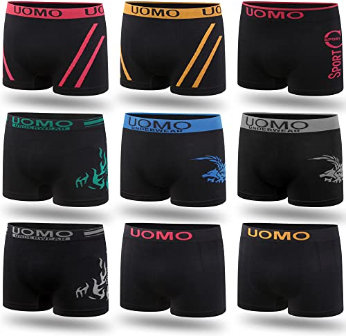 L&K Lot de 10 caleçons Homme sous-vêtement Microfibre rétro Short Couleur Noire avec Motifs Mixtes 1202 BL L/XL