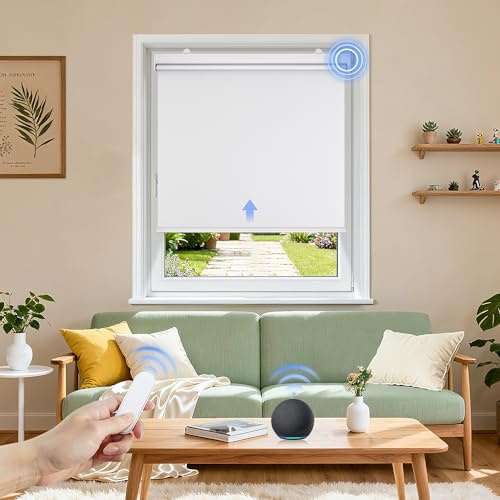 Grandekor Motorized Roller Shade with Remote Control,Motorized Blinds 100% Blackout Electric Shades, Cordless Window Blinds Shades for Bedroom Living Room Office,White,W34 xH72