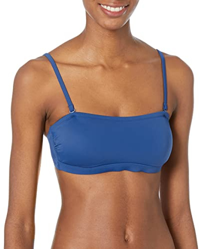 Amazon Essentials Women's Bandeau Swim Top with Removable Straps, Mesh Liner, Hook Fastener, Deep Blue, Medium