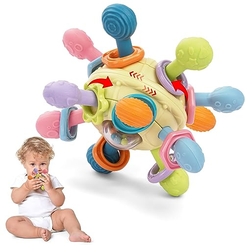 HOTUT Juguetes Pelotas Sonajero Sensoriales, Pelota Sonajeros, Mordedor Sensorial y Sonajero, Juguetes Montessori, Mordedor de Silicona Segura Libre de BPA