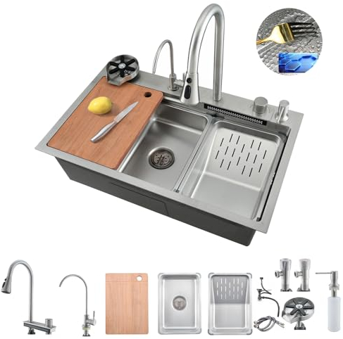 Bokaiya Évier de Cuisine, Cascade Multifonction, Evier de Cuisine à Comptoir Raindance Professionnel Lavabo Acier Inoxydable avec Lave Verre & Robinet Extractiblen Haute Pression Argent 80x45x21cm