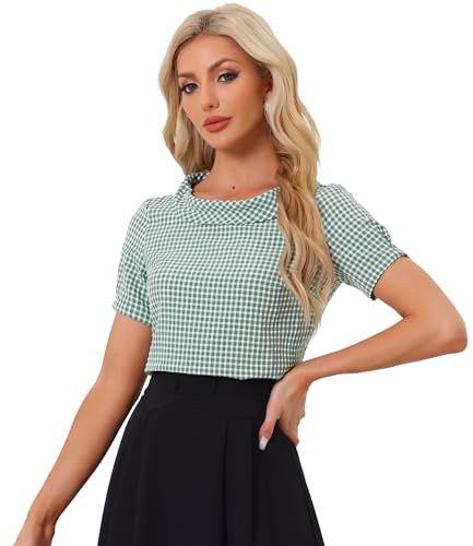 Allegra K Women's 1950s Round Collar Short Sleeve Gingham Tops X-Small Dusty Green