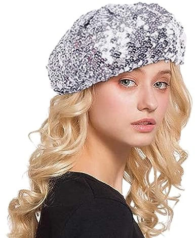 Damen Baskenmütze mit glitzernden Pailletten glänzende Mädchen Mütze glitzernde glänzende Tanzhüte für Party Clubwear Cosplay Performance Kostüm Cape Silber Beret Disco Hut Faschingsmütze Discokugel