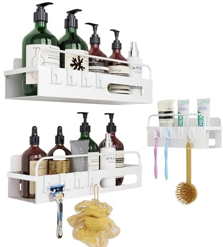 Uamector Duschablage ohne Bohren - 3 Stück Badezimmer Regal Duschkorb Shampoo Halterung - Rostfrei Duschregal für Duschgel mit 12 Haken und 8 Silikonpads (Legierter Stahl)