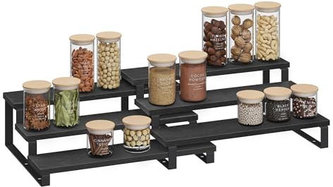 SONGMICS Gewürzregale, Küchenregale stehend, Küchen-Organizer, 2er Set, Holzwerkstoff, je 3 Ablagen, ausziehbar, stapelbar, für Speisekammer, Arbeitsplatte, ebenholzschwarz-tintenschwarz KCS116B01