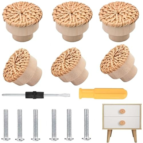 RXKFIGX 6 Pezzi Pomelli in Rattan Pomelli Naturale per Cassetti Maniglie in Legno Pomelli per Mobili in Rattan Manopole Dell'armadio Decorazione Boho Manopole per Mobili in Legno per Armadi e Cassetti