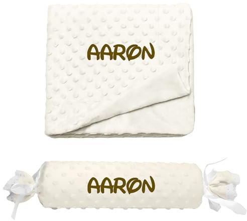 Various Manta y Cojin Personalizado para bebé Recien Nacido, Personalizado con su Nombre Bordado. (Beige)