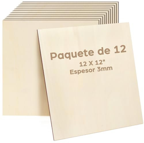 LotFancy Lot de 12 plaques de contreplaqué, 3 mm, 30 x 30 cm, en bois fin, pour le bricolage, le travail laser, l'artisanat, le kit de construction en bois, le modélisme