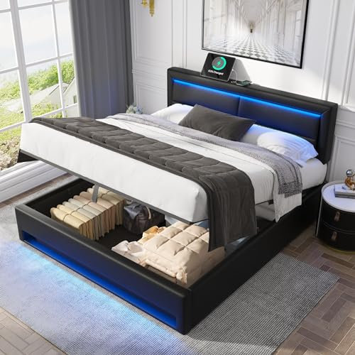 OKYION Boxspringbett Hydraulisches 140 x 200 cm mit LED-Beleuchtung, Polsterbett Funktionelles mit USB-Ladeanschluss(unterstützt kabelloses und kabelgebundenes Laden), PU Schwarz(Ohne Matratze)