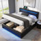 OKYION Boxspringbett Hydraulisches 140 x 200 cm mit LED-Beleuchtung, Polsterbett Funktionelles mit USB-Ladeanschluss(unterstützt kabelloses und kabelgebundenes Laden), PU Schwarz(Ohne Matratze)