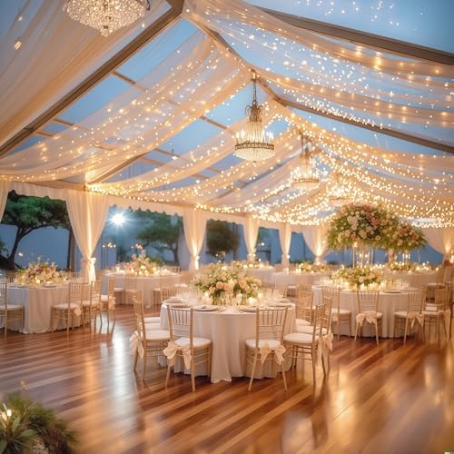6 Panels Deep Champagne Ceiling Curtains with Lights for Weddings - 5ftx30ft Wrinkle-Free Tulle Fabric Wedding Arch Draping Ceiling Drapes Decorations for Wedding Party Ceremony Stage Tent Event