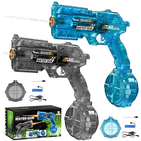 Pistola de Agua Eléctrica 2 Unidades, con Luces LED, Disparo Automático, Batería Recargable USB, Juguete para Niños y Adultos para Piscina Playa Exterior (Azul y Negro)