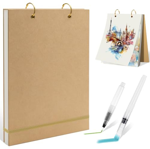 Roosea Papier Aquarelle, Cahier Aquarelle A4, Livre Aquarelle inclus 2 Stylo Pinceau à Réserve d'Eau, Couverture Rigide et Fermeture Elastique et Anneaux Amovibles pour Aquarelle, Acrylique, Dessin