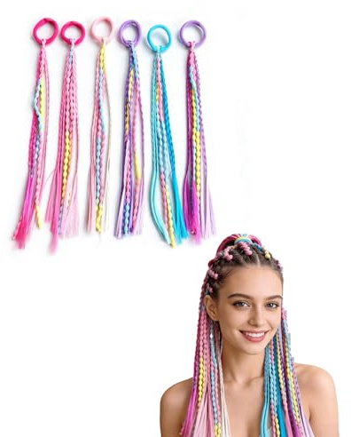 QEQSHQO Extension Capelli Bambina 6 Pezzi 32cm, Trecce Finte Colorate con Elastico in Capelli Sintetici per Acconciature Facili Feste.