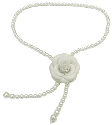 NDSJAIE Kedjebälte med pärltofsar och rosblommor för kvinnor, lyxiga tillbehör för klänning, Vitt och blått, Taille unique
