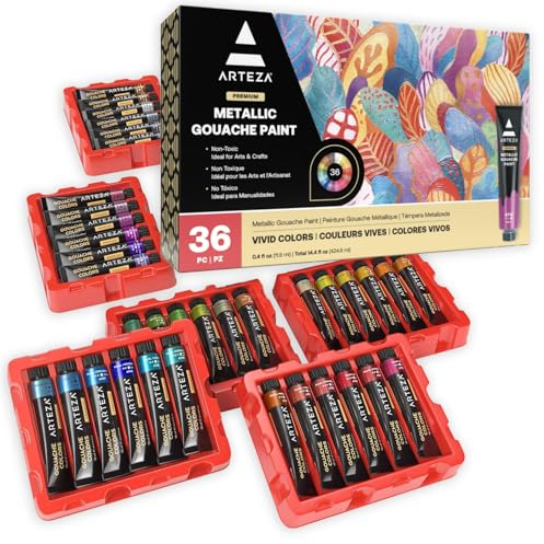 ARTEZA Metallic Gouache Paint Set, 36 Colours, 12 ml Tubes, Water-Based Paint for Canvas and Paper, Art Supplies for Professionals, Students, and Kids