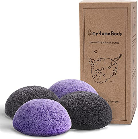 myHomeBody Natural Konjac Facial Sponges - for Gentle Face Cleansing and Exfoliation - with Lavender Purple and Activated Charcoal, Set of 4