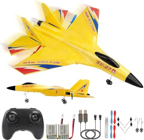 RoofWorld SU27 RC Fighter Plane Beginner Friendly RC Airplane 6-Axis Auto-Stabilizer Remote Control Glider Aircraft Ready to Fly Crash Resistant 2 Batteries