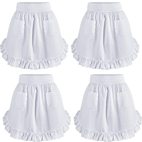 Hercicy 4 Pcs Halloween Waist Apron Ruffle with Pockets Retro Apron Half Maid Cute Vintage Pinafore for Women(White)