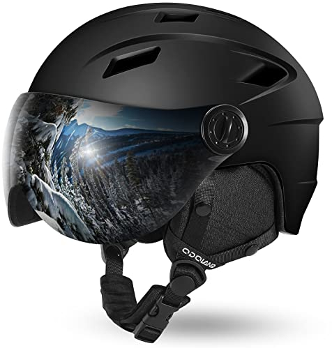 Odoland Casco da Sci Integrale con Visiera, Casco Sportivo per Uomo e Donne, Casco da Snowboard con Maschera UV 400 Proteczione e Antivento, Casco per Sport Invernali, Nero, S