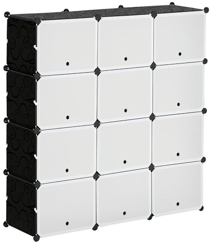HOMCOM Armario Modular de Plástico Cajas de Zapatos con 12 Cubos Zapatero Organizador para Entrada Pasillo Dormitorio 125x32x125 cm Negro y Blanco