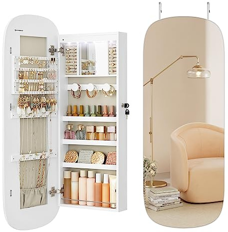 SONGMICS Jewelry Organizer, LED Jewelry Cabinet Wall/Door Mounted, Lockable Rounded Wide Mirror with Storage, Interior Mirror, 3.9 x 16.5 x 42.5 Inches, White Surface with Greige Lining