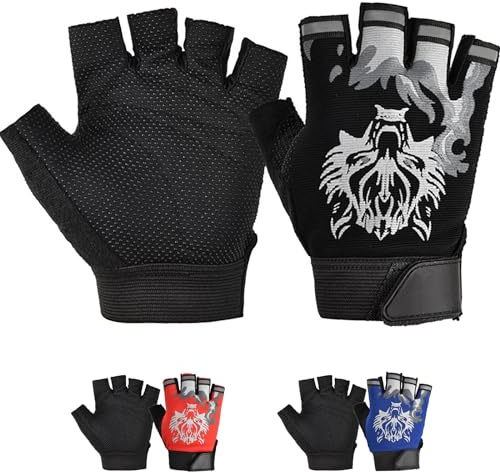CubePlug Kids Boy Girl Cycling Climing Half Finger Gloves GEL Padded BMX Bike Fingerless [SPI] (Black Wolf, XL)