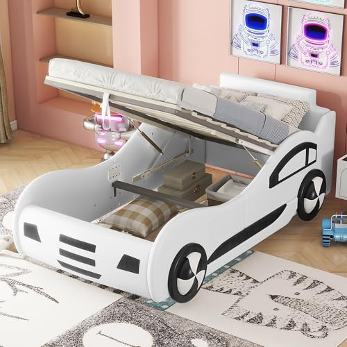 KecDuey Kinder Autobett 90 x 200cm Flachbett, Modell Autobett, Kinderbett mit Unterbettstauraum,Lattenrost für Jungen und Mädchen (Weiß)