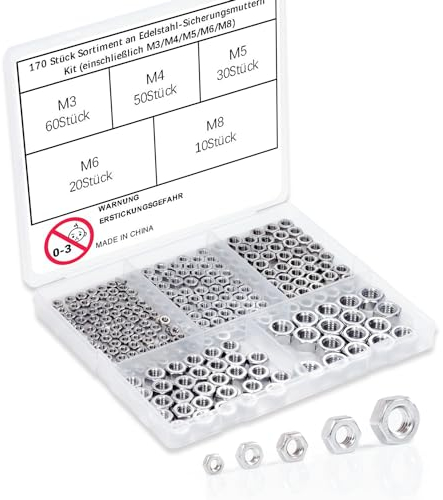 170-teiliges Sechskantmutter-Sortiment, M3 M4 M5 M6 M8 Hardware-Muttersets, 304 Edelstahl, A2-70