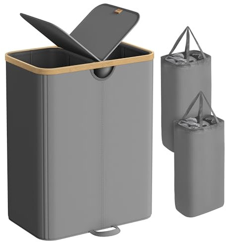 SONGMICS Wäschekorb 2 Fächer, Wäschesammler, 150 Liter, Wäschesortierer mit Deckel, Wäschetonne, Wäschesäcke herausnehmbar, für Waschküche, Schlafzimmer, Wohnzimmer, schiefergrau-naturbeige LCB523G01