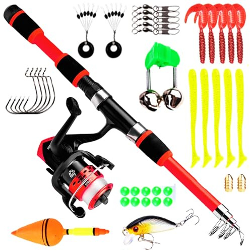 Set da pesca per bambini, set di canne da pesca per bambini, 1,8 m, canna da pesca telescopica con mulinello ed esca, accessori da pesca per bambini dai 3 ai 10 anni (rosso)