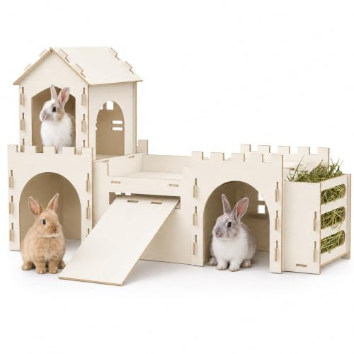 Large Bunny House and Hideouts, Wooden Dual-Layer Rabbit Castle with Stair, Rubber Band-Free Setup - chew-Proof, Sturdy Habitat for Guinea Pig Chinchilla Ferret (Rabbit House with Hay Feeder)