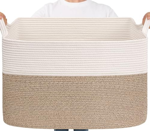 TIMEYARD Grand panier de rangement rectangulaire pour couvertures, jouets, 105 l, 63,5 x 40,5 x 40,5 cm, blanc et marron