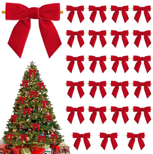24 Piezas Lazos de Terciopelo para Navidad, Lazos Navideños Decoración Árbol, Decoraciones de Navidad con Atar, Decoración Adornos Árbol Navideños,para Bodas,Guirnaldas,Regalos y Decoración (Rojo)