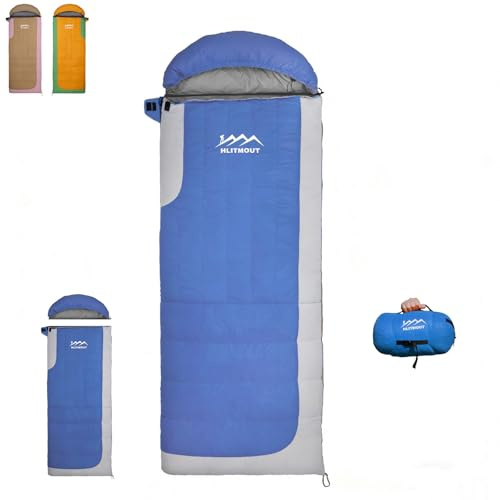 Sacco a Pelo in Piuma, Leggero e Compatto, da -10°C a 8°C, 3-4 Stagioni, per Adulti e Bambini, Campeggio, Escursionismo e Trekking (Blu, Imbottitura in piuma da 500 g)