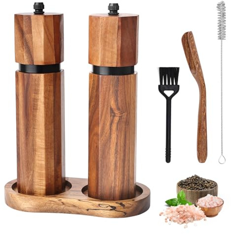 Foyucool Moulin Épice Bois Set de 2 Avec Cuillère, 8 Pouces Octogonal | Avec Plateau en Bois, Finesse Réglable et Noyau Céramique Rechargeable, Parfait pour la Cuisine au Quotidien.