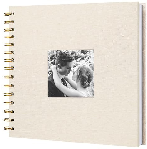 DDUP 8x8 Inch Linen Scrapbook Album, 40 Sides Acid-Free Photo Book with Golden Coil, Spiral Bound Memory Book for Wedding, Baby, Travel, Recipe, Adult Craft Scrapbook Accessories (Beige)