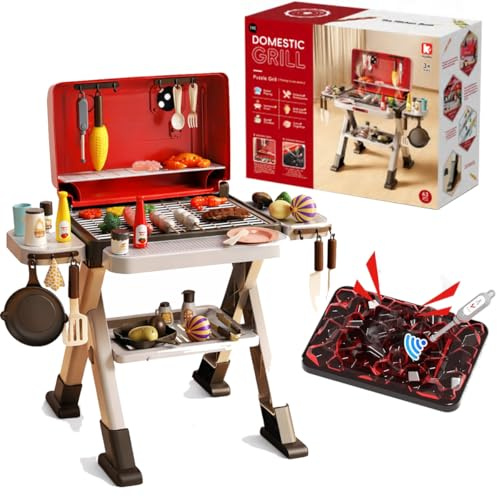 Toyana Kids BBQ Grill Playset - 63 Piece Toy Barbecue Set with Pretend Play Food, Cooking Accessories, Simulated Smoke, Light & Sound Kitchen Toy for Boys & Girls