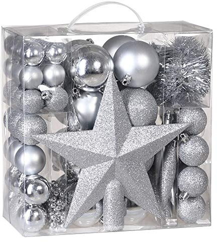 Deuba® Weihnachtskugeln 77tlg Ø 3-7cm Kunststoff matt glänzend Christbaumkugeln Christbaumschmuck Anhänger Weihnachtsbaumkugeln Weihnachtsdeko Silber