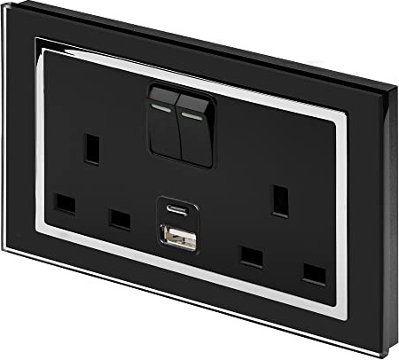 RETROTOUCH, Crystal, 3.1A USBC & 13A DP, Double Plug Socket, Switched, Black, Chrome Trim