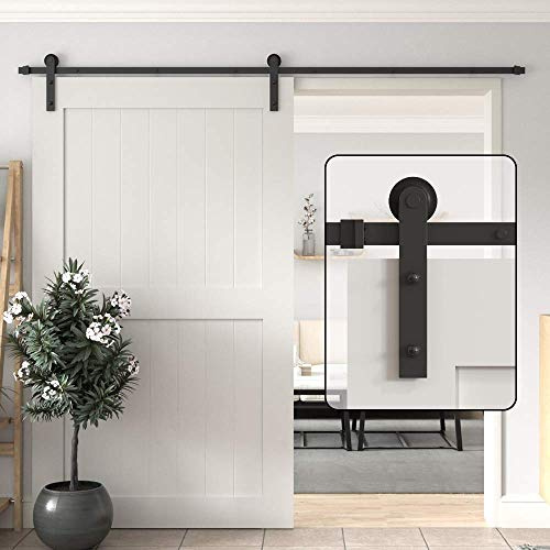 WINSOON 9FT/274CM Sliding Door Track System Barn Door Hardware Sliding Door Kit for Single Wood Door, Frosted Black Carbon Steel I Shape Hanger
