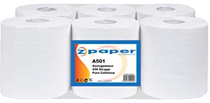 ZPAPER - 6 Rotoli Asciugamani - Carta Pura Cellulosa 450 Strappi a Rotolo, 2 Veli, Anima a Spirale, Confezionati. Rotoli Bobine Asciugatutto. 2700 Strappi Totali