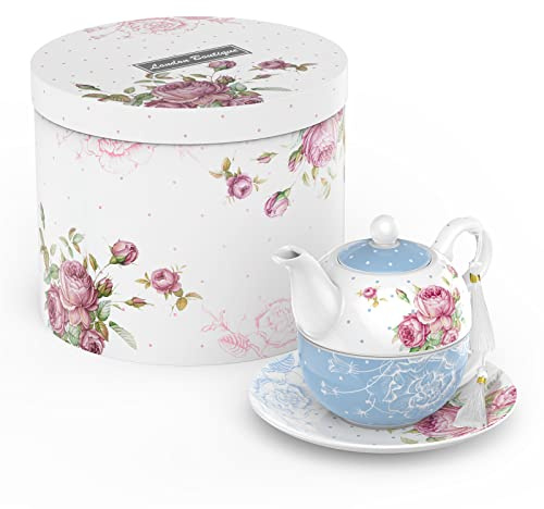London Boutique Tea for One Teapot Tea Cup Saucer Set Gifts for Women Tea Set for 1 New Bone China Vintage Flora Gift for Her 350m (Blue)