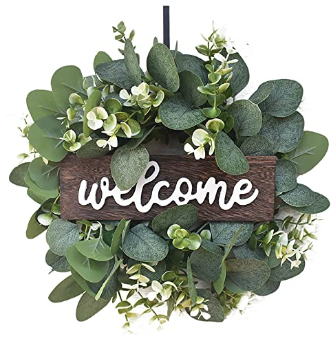 HAOSHICS Green Eucalyptus Wreath with Welcome Sign Artificial Eucalyptus Wreath Spring Summer Wreath with White Berries for Front Door Wall Window Festival Porch Farmhouse Patio Garden Decor (A)