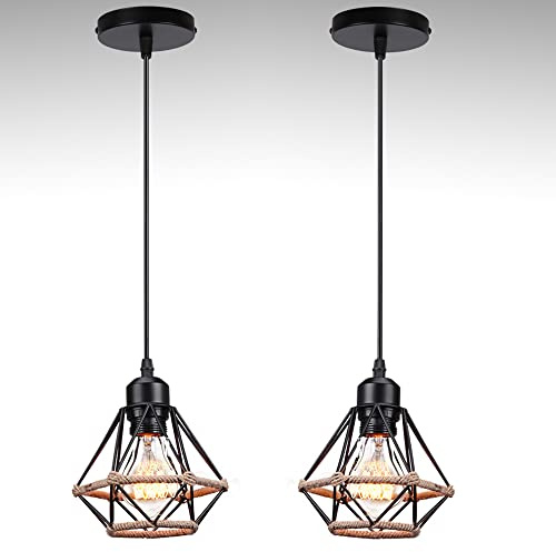 STOEX lot de 2 lustre suspension industrielle design rétro, lampe suspendue en métal corde de chanvre, éclairage plafond salons cuisine noir Ø160mm, noir